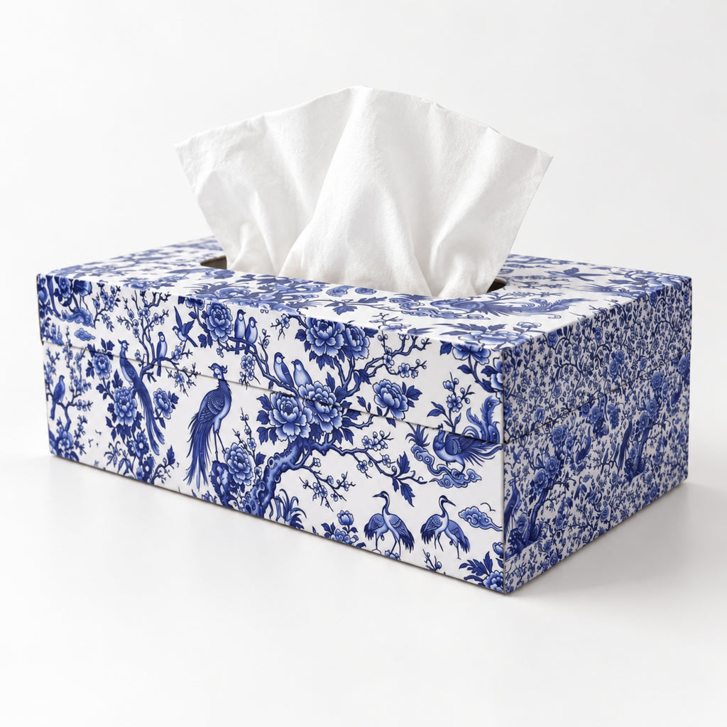 LacaOra Blue Bird & Floral solid MDF tissue box, product detail view