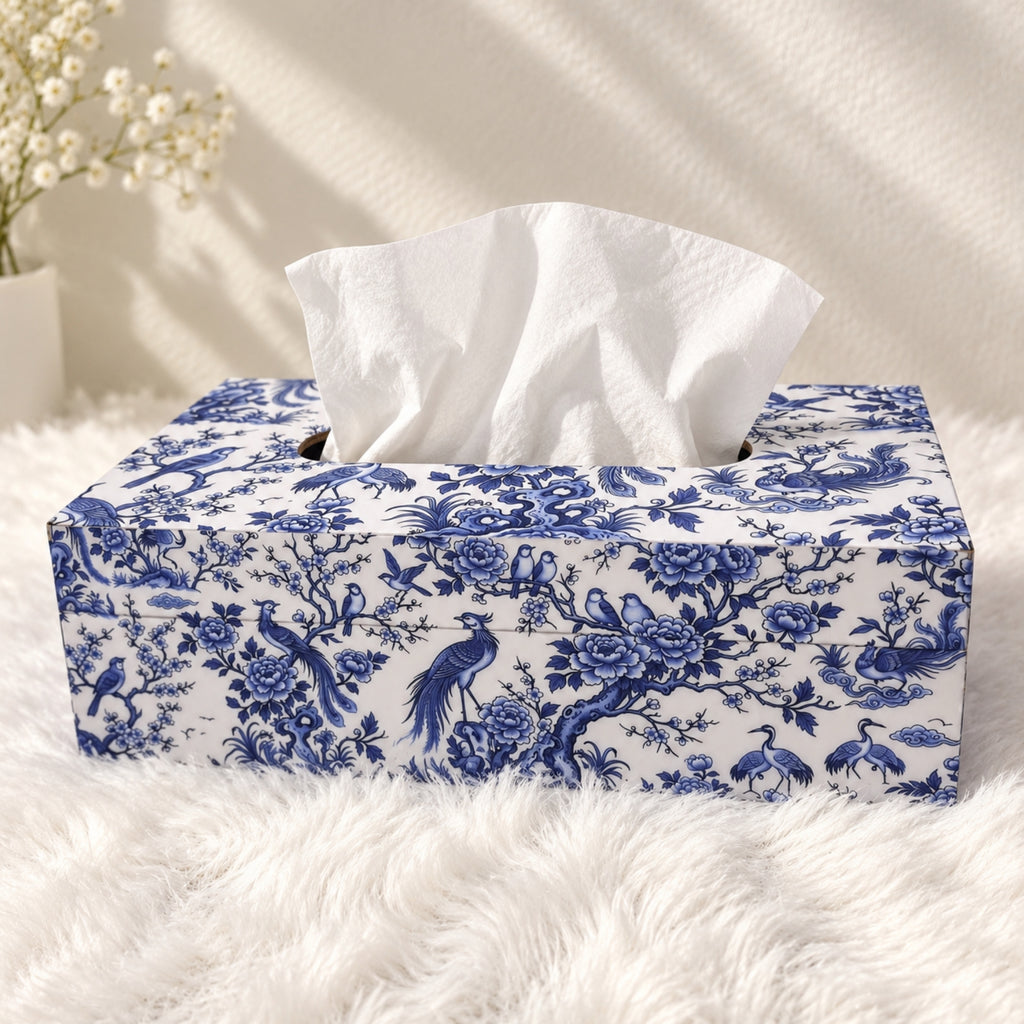 LacaOra Blue Bird & Floral solid MDF tissue box, hero view