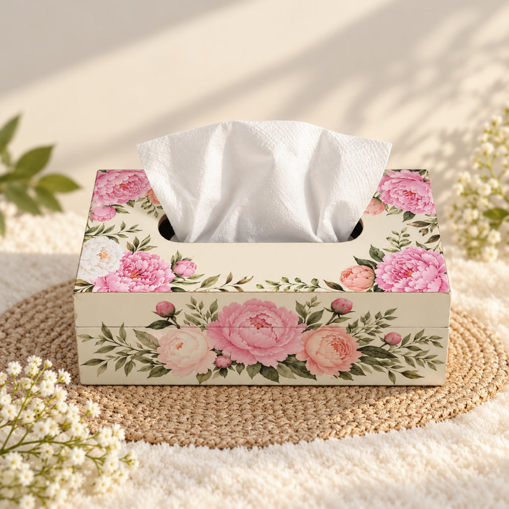 LacaOra Pink Peony solid MDF tissue box, product detail view