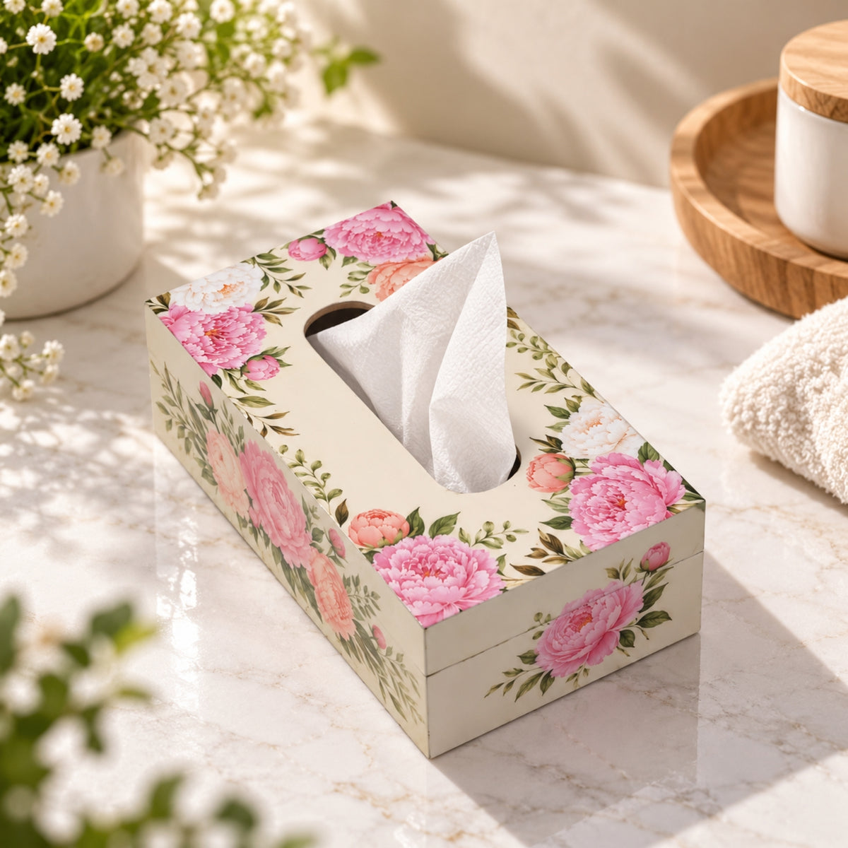 LacaOra Pink Peony solid MDF tissue box, product detail view