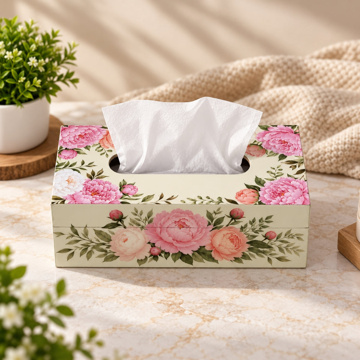 LacaOra Pink Peony solid MDF tissue box, hero view