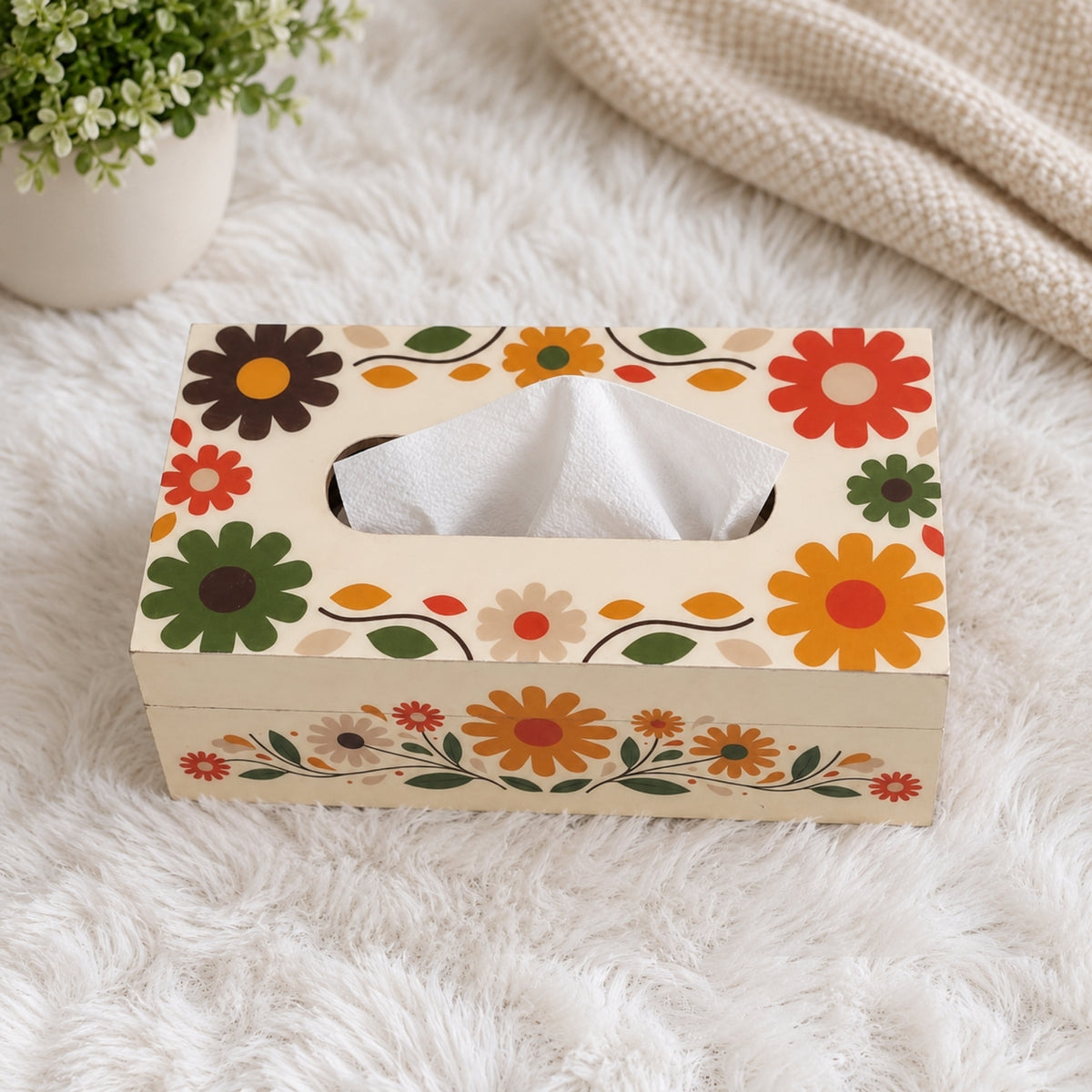 LacaOra Retro Daisy solid MDF tissue box, product detail view