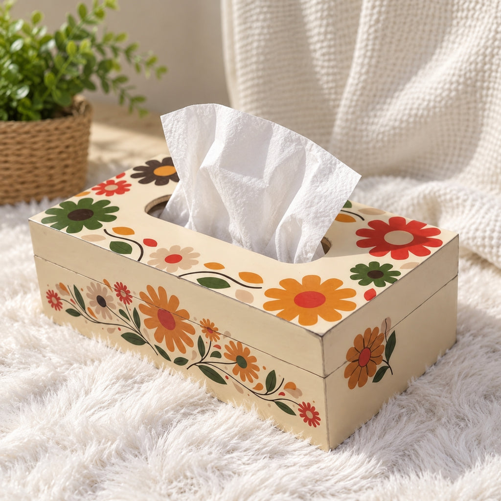 LacaOra Retro Daisy solid MDF tissue box, hero view