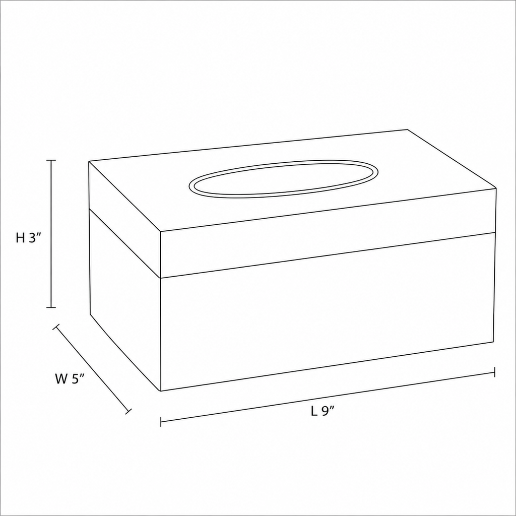Tissue box size diagram: 9 inches long, 5 inches wide, 3 inches high