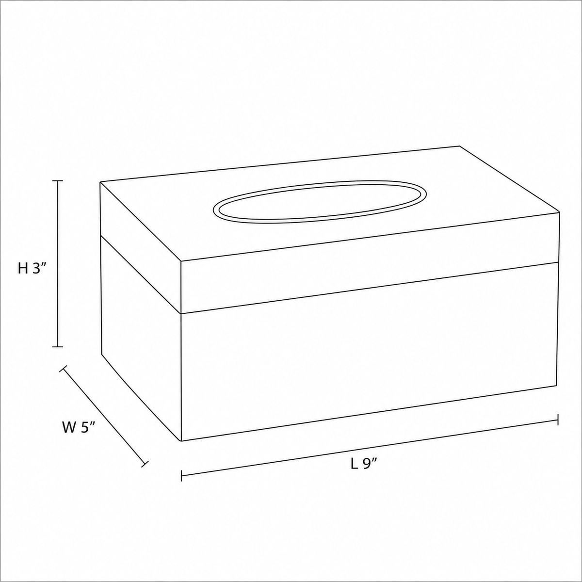 Tissue box size diagram: 9 inches long, 5 inches wide, 3 inches high
